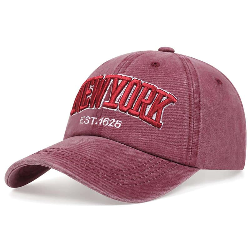 Red New York Embroidered Baseball Cap - Distressed Washed Dad Hat, Adjustable