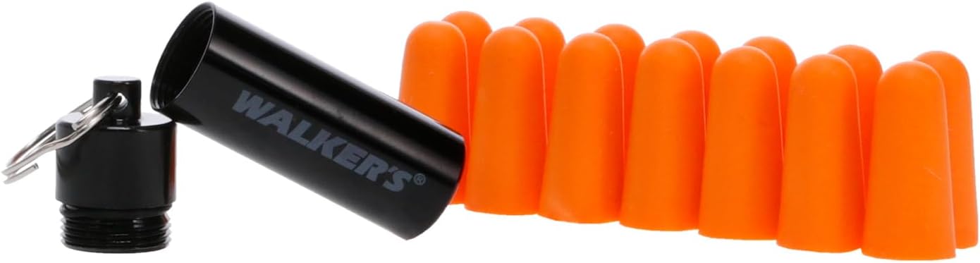 Walker's 33dB Noise-Canceling Hearing Safety Protection Range Shooting Hunting Work Soft Comfortable Adaptable Foam Earplugs, 7 Pairs & Aluminum Carry Canister