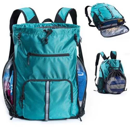 Large Beach Backpack with Shoe Compartment & Detachable Mesh Bag - Teal