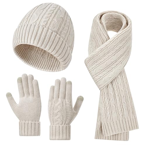Beige 3-in-1 Winter Scarf Hat and Glove Set for Women