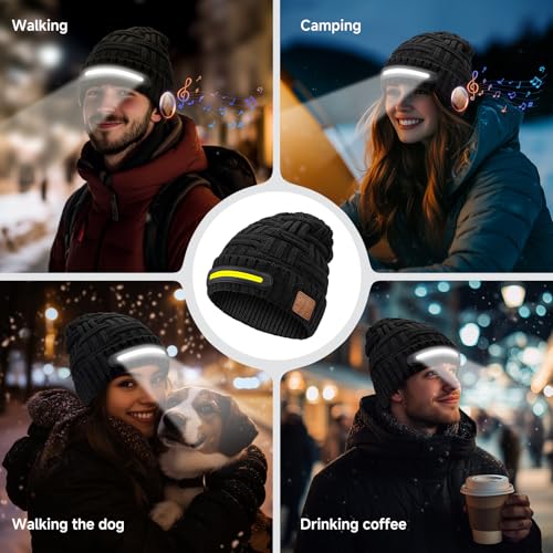 LED Beanie Hat with Bluetooth-Tech Gifts for Men and Women, Rechargeable Wireless Beanie Cap Headlamp Music Hat