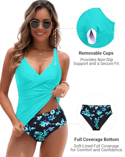 Yonique Women’s Tankini Swimsuit Large Aqua Blue Floral Tummy Control Two-Piece Swimwear