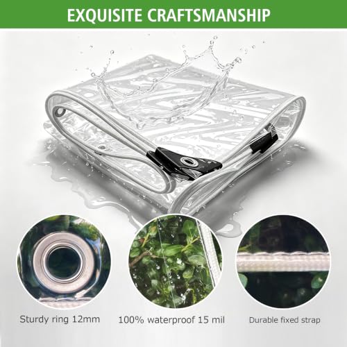 8x10 Heavy Duty Clear Tarp 15MIL Waterproof with Grommets - SHADEPLUS