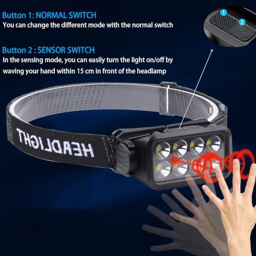 2-Pack Rechargeable LED Headlamps with Motion Sensor & Multiple Modes - Waterproof Outdoor Headlights