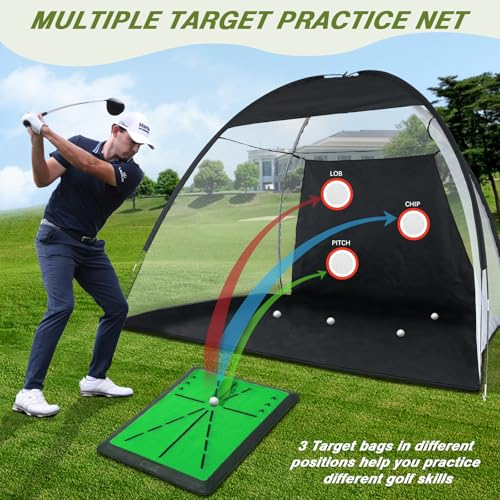 Golf Practice Net with Swing Mat 10x7FT Indoor Outdoor Chipping Targets