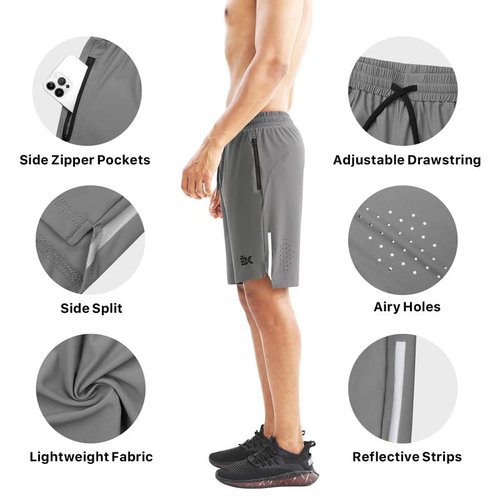 BROKIG Men's Lightweight Athletic Shorts 7 inch, Quick Dry Running Gym Workout Shorts for Men with Zip Pockets(Grey,X-Large)