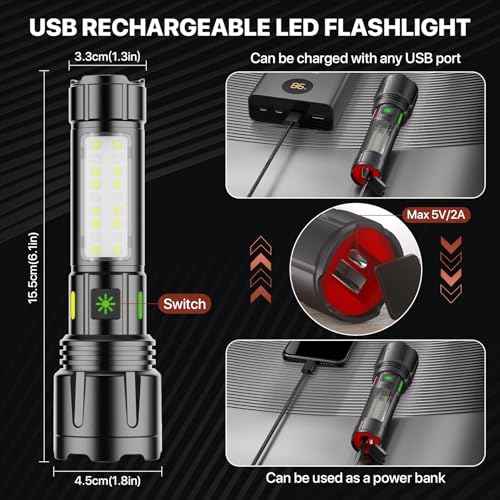 Rechargeable Flashlights High Lumens, Powerful LED Tactical Flashlight Super Bright 5 Modes, Waterproof Camping Flashlight Zoomable USB C, for Emergency Hiking Home Gift, 1 Pack