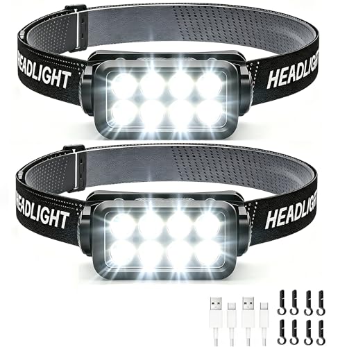 2-Pack Rechargeable LED Headlamps with Motion Sensor & Multiple Modes - Waterproof Outdoor Headlights