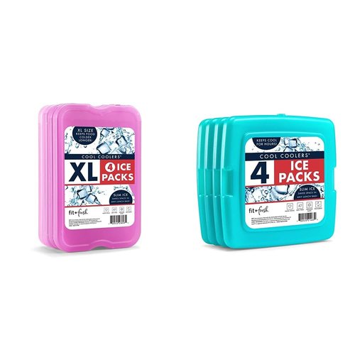 Cool Coolers by Fit & Fresh XL Slim Ice Packs (4 Pack) and Slim Ice Packs (4 Pack), Quick Freeze Space Saving Reusable for Lunch Boxes or Coolers