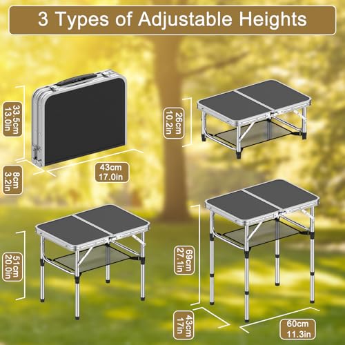 Portable Folding Camping Table 2ft with Adjustable Heights & Mesh Storage - Lightweight Aluminum Picnic Table for Outdoor & Indoor Use