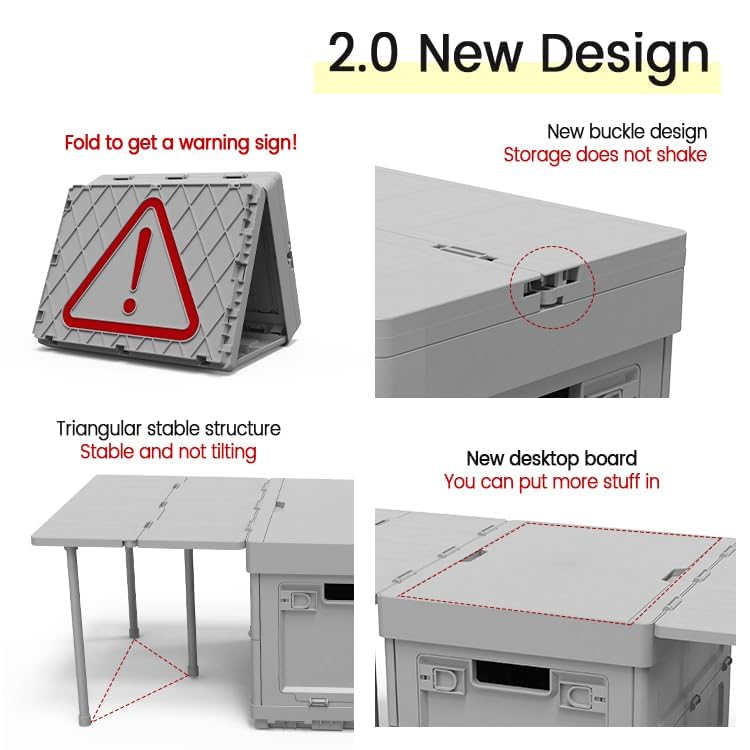 Aimisin Folding Storage Camping Box with Table,3 in 1 Lightweight Camp Storage Box with Parking Warning Sign,Portable Foldable Compartment Table for Indoor, Outdoor, Fishing, BBQ, Picnic, Gray