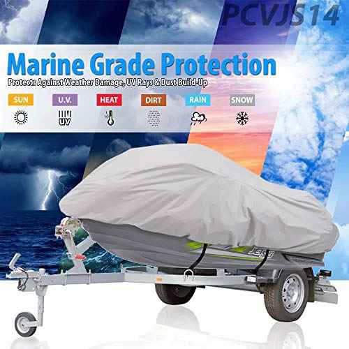 Pyle Waterproof Heavy Duty Jet ski Cover - 139¡¯¡¯ - 145¡¯¡¯ Inch Resistant Watercraft Storage Cover with Adjustable Strap & Elastic Cord for Tight Custom Fit - Marine Grade Protection PCVJS14 , Gray