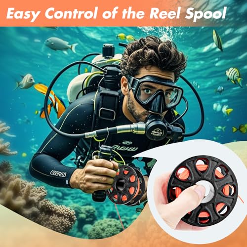 100FT Compact Scuba Diving Reel, Plastic Finger Spool Dive Reel with Stainless Steel Double-Ended Bolt Snap for Underwater Sports, Wreck Cave Diving, Snorkeling, Spearfishing (Black)