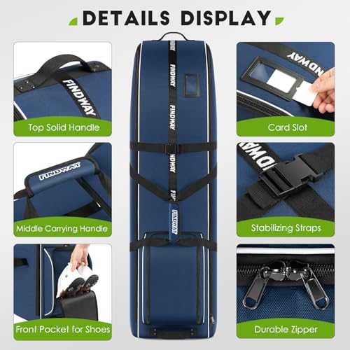 Findway Blue Golf Travel Bag with Wheels, Heavy Duty Oxford Cover for Men Women