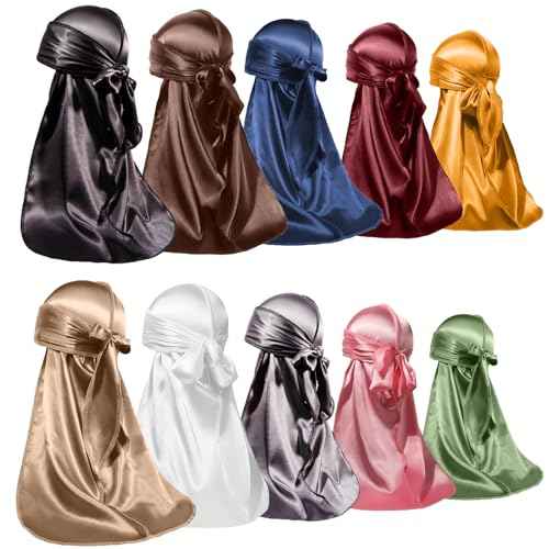 ForceWave 10 Pieces Silky Durags Long Tail for Women Men Satin Durag 360 Wave£¬Dorag, 10 Pieces