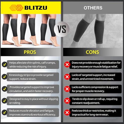 BLITZU 3 Pairs Calf Compression Sleeves for Men and Women. Footless Compression Socks & Leg Support for Running, Travel, Nursing, Fitness. Shin Splints Pain Relief & Reduce Swelling Black L-XL