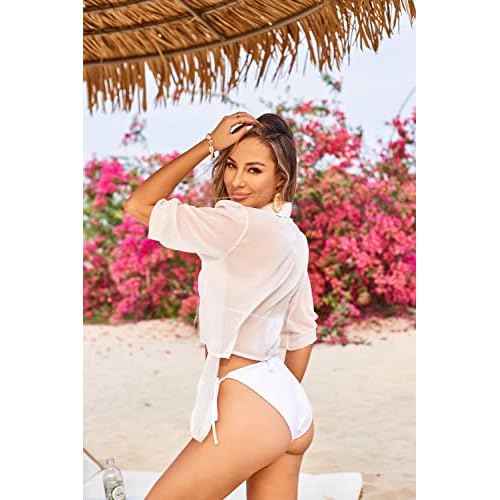 ZAFUL Women's Bikini Swimwear Cover Up Semi-Sheer V Neck Button Up Top Shirt Blouse Beachwear