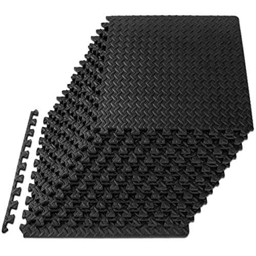 ProsourceFit Puzzle Exercise Mat ¨ö in, EVA Interlocking Foam Floor Tiles for Home Gym, Mat for Home Workout Equipment, Floor Padding for Kids, Black, 24 in x 24 in x ¨ö in, 48 Sq Ft - 12 Tiles