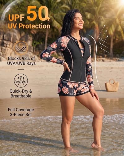 Daci 3-Piece Rash Guard Set with 3" Shorts - Large Black Floral