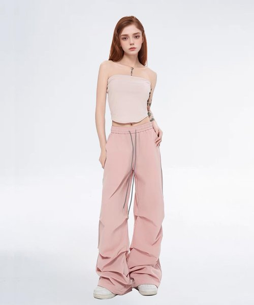 Bakyarder Women's Casual Parachute Pants Long Baggy Hiking Lightweight Drawstring Elastic Waist Wide Leg Track Trousers Y2K Streetwear Reflective Strips Pants Pink X-Large