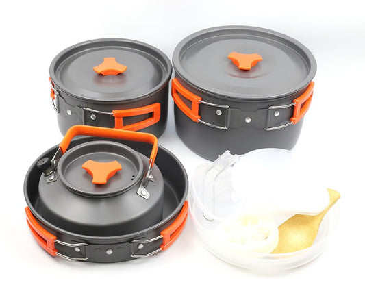 18 PCS TMKOOL 3-4 Peoples Camping Cookware Mess Kit, Lightweight Large Non-Stick Pot Pan Large Fry Pan 1.1L Kettle Set with Plastic Bowls Plates Sets for Camping, Backpacking, Outdoor Cooking, Picnic