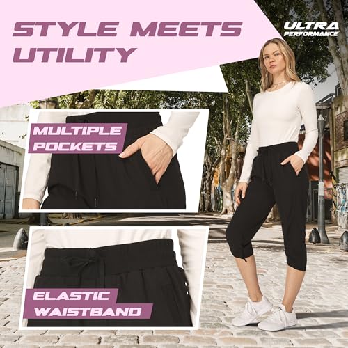Ultra Performance Women's 2-Pack Capri Pants for Hiking & Casual - Large Black & Charcoal
