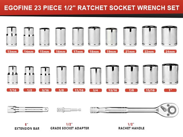 Red 1/2 Inch Drive Socket Set 23 Pieces with 45 Tooth Ratchet and Extension