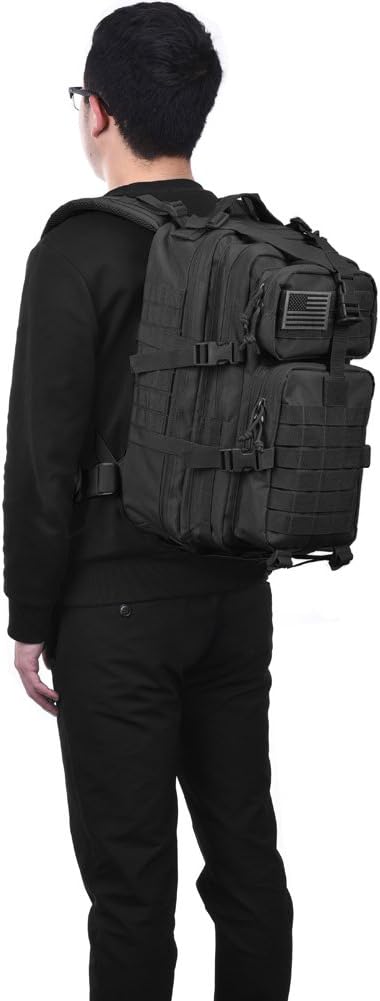 REEBOW GEAR Tactical Backpack Army Molle Military Style Assault Pack Bug Bag Backpacks 34L Daypack (With Flag Patch, Black)