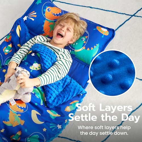 Toddler Nap Mat with Removable Pillow & Minky Blanket - Dark Blue Dinosaur