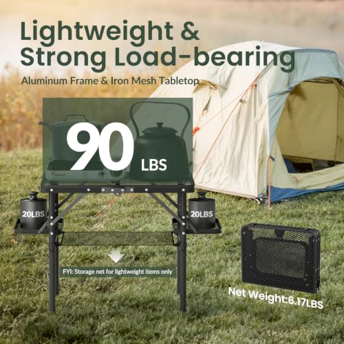 Titanker Small Folding Camping Grill Table with Black Mesh & Storage Net - Portable 2ft Picnic Table with Side Racks & Heatproof Mesh Top