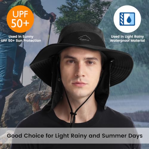 Black UPF 50+ Waterproof Sun Hat with Removable Face Cover & Neck Flap - Men Women Bucket Hat