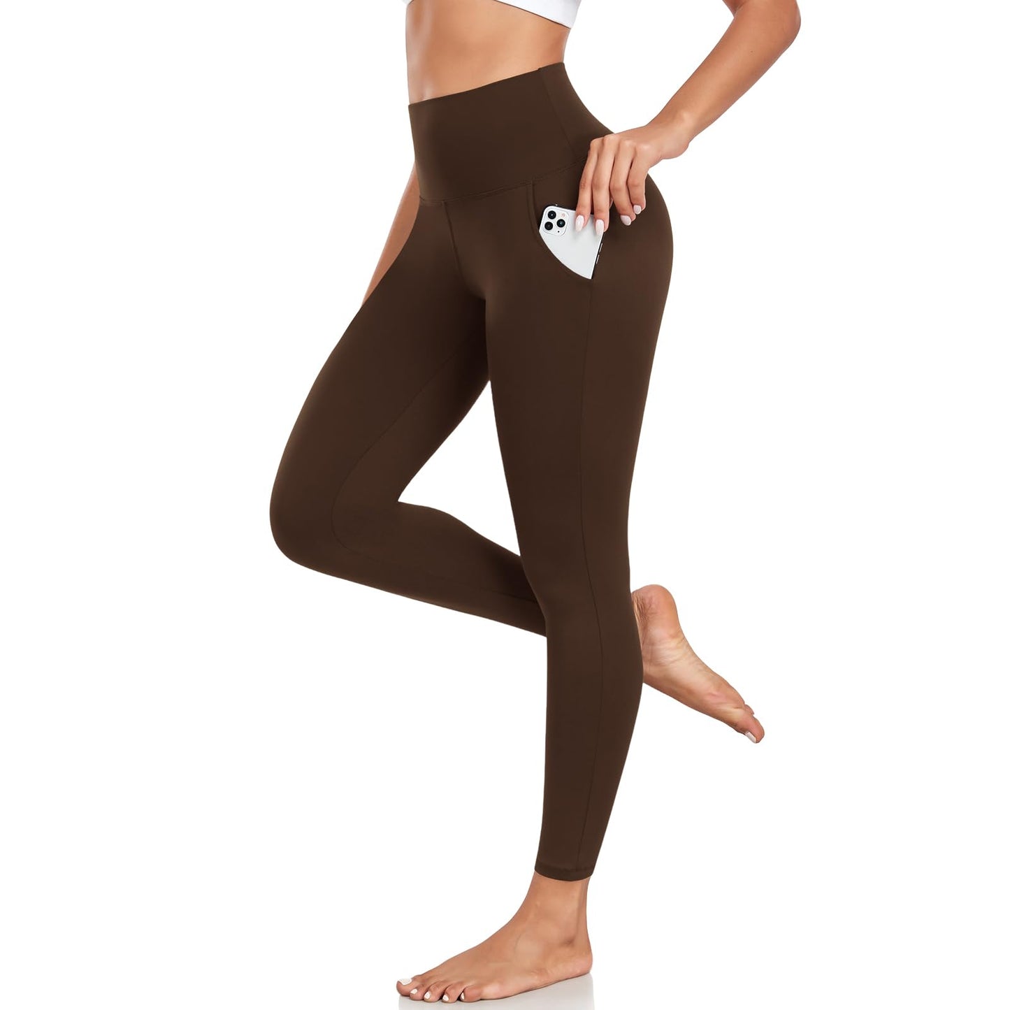 iaoja High Waisted Leggings for Women with Pockets - Tummy Control Soft Workout Running Yoga Printed Pants（Brown Large-X-Large）