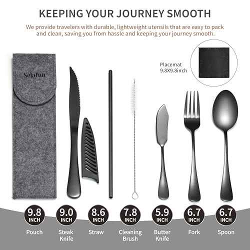Travel Utensils with Case, Portable Travel Silverware Set Stainless Steel Lunch Box Cutlery Set for Work, Camping, Picnic, Hiking, Office (Black)