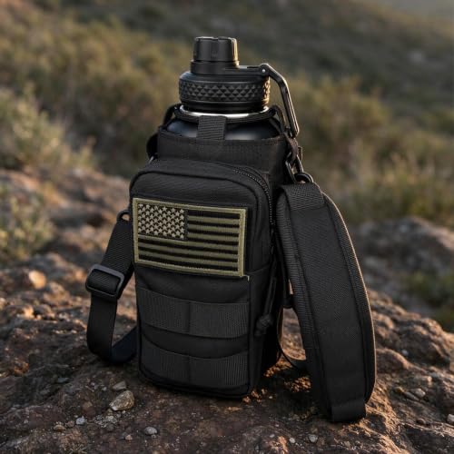 32 Oz Insulated Water Bottle with Sleeve & Strap - All Black, Sports & Hiking