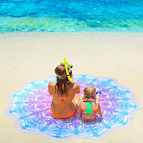 Large Boho Mandala Round Beach Towel - Fast Dry, Sand Free, 59 Inch Aqua Blue
