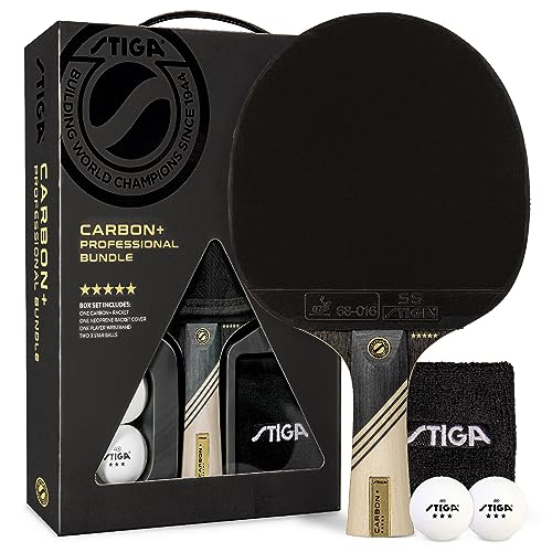 STIGA Carbon+ Bundle Ping Pong Paddle Set ? 7-ply Extra Light Carbon Fiber Blade ? 2mm Premium Sponge ? Concave Pro Handle ? 2 3-Star Tournament Balls ? Neoprene Racket Cover ? Player Wristband
