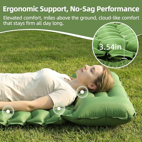 Extra-Thick Camping Sleeping Pad with Pillow and Built-In Foot Pump - Green, 3.54 Inch, Ultralight