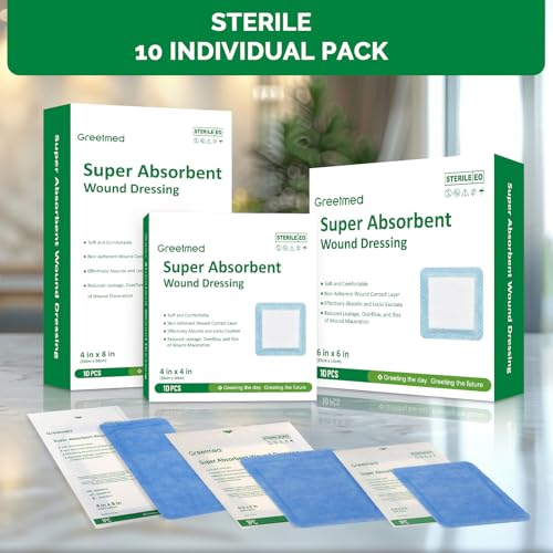 Super Absorbent Wound Dressing Pads Size 6"x 6" 10 Individual Pack Soft Highly Absorbent Dressing Non Stick Gauze Pads for Heavily Exuding Wound Care Reduce Leakage and Skin Maceration