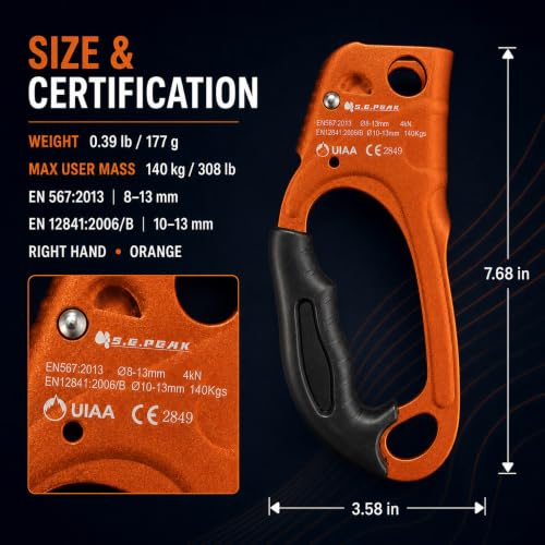 Right Hand Orange Hand Ascender Rope Clamp Climbing Gear CE UIAA Certified