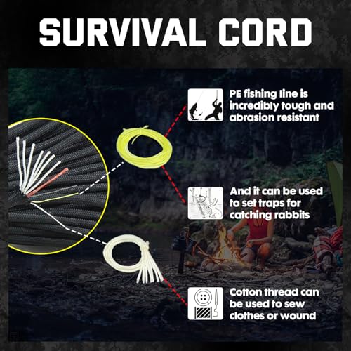 Survival Paracord 100 ft with Fire Cord & Multi-Use Emergency Gear - Camo Black