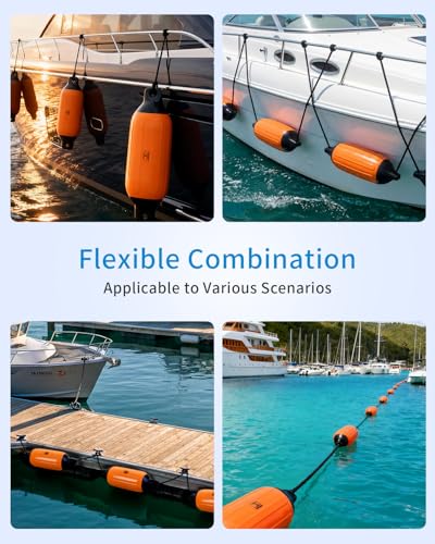 Inflatable Boat Fenders 4 Pack with Ropes - Black & Orange, 4.6 x 16 Inches