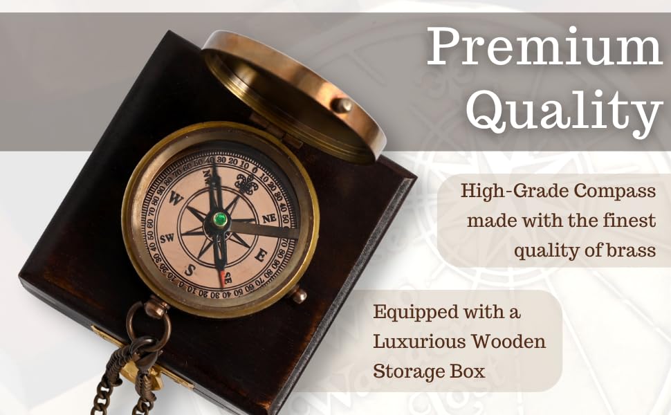 Brass Nautical - Not All Those Who Wander are Lost Brass Gift Embossed Compass with Wooden case, Graduation Day Baptism Communion Confirmation Day Motivational LOTR J.R.R. Tolkien (Wooden Box)