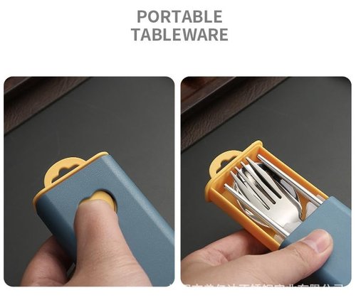Pretihome 3 Pieces Portable Travel Utensils with Case 18/8 Stainless Steel Silverware Set for Camping Office School Lunch Including Chopsticks Fork Spoon Dishwasher Safe (Light Blue)