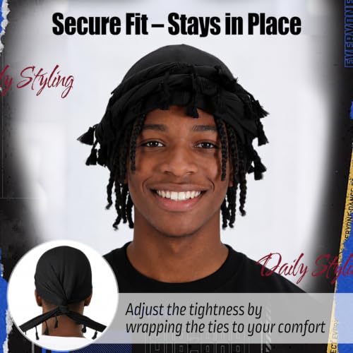 Black Satin Lined Adjustable Turban for Men - Soft Head Wrap & Hair Protection