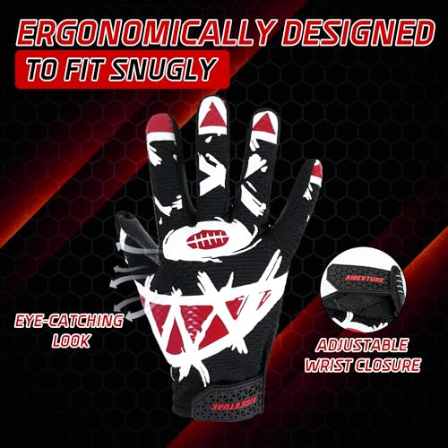 Youth Football Gloves Kids Receiver Gloves with Tacky Grip - Black, Youth M