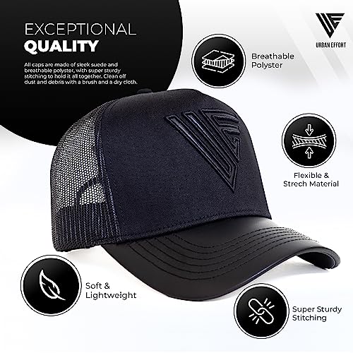 Urban Effort Men's Snapback Cap Black Leather - Curved Brim Trucker Hat