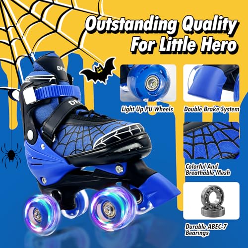 Kids Roller Skates for Ages 3-12 with Adjustable Sizes & Spider Web Design - Blue/Medium