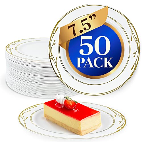 Disposable Plastic Dessert Plates 7.5 Inch White with Gold Rim - Pack of 50