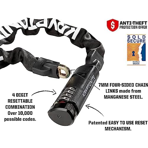 Kryptonite Keeper 712 Combo Bike Chain Lock, 4 Feet Long 7mm Steel Chain Heavy Duty Anti-Theft Bicycle Chain Lock, 4-Digit Resettable Combination Lock for E-Bike Scooter Road Mountain Bikes