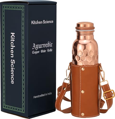Copper Water Bottle with Leather Sling - 34oz Ayurvedic Honeycomb Design, Tan Brown